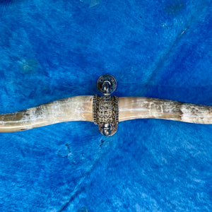 MOUNTED TEXAS LONGHORN STEER HORNS WITH METAL ADORNMENTS AND CHAINS by NYET Jewelry.
