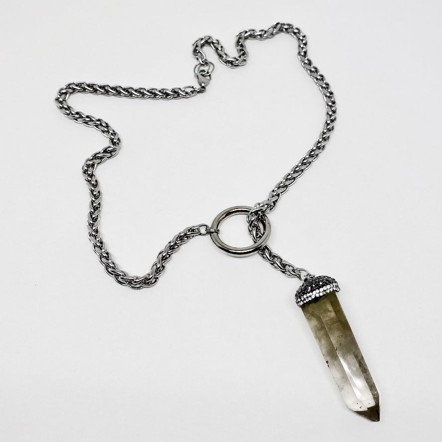 LARIAT MADE OF STAINLESS STEEL CHAIN WITH LARGE SMOKY QUARTZ PENDANT. by NYET Jewelry.