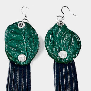 FARM-RAISED CROCODILE DROP EARRINGS WITH METAL RINGS AND BLACK DEERSKIN FRINGE. by NYET jewelry 