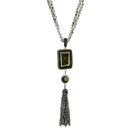 GREY FACETED CRYSTAL BEADS LONG NECKLACE ADORNED WITH EXTRA LARGE CUSHION CUT LABRADORITE STONE W/ PAVE RHINESTONES, LABRADORITE BEAD ACCENT AND CRYSTAL BEADS TASSEL.  by nyet jewelry