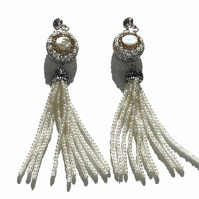 PAVE CRYSTAL-AND-PEARL BEADS WITH PEARL TASSEL EARRINGS. by nyet jewelry