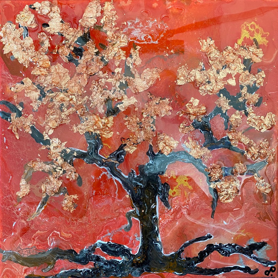 Cherry blossom tree in a bushfire acrylic painting by D pontvieux