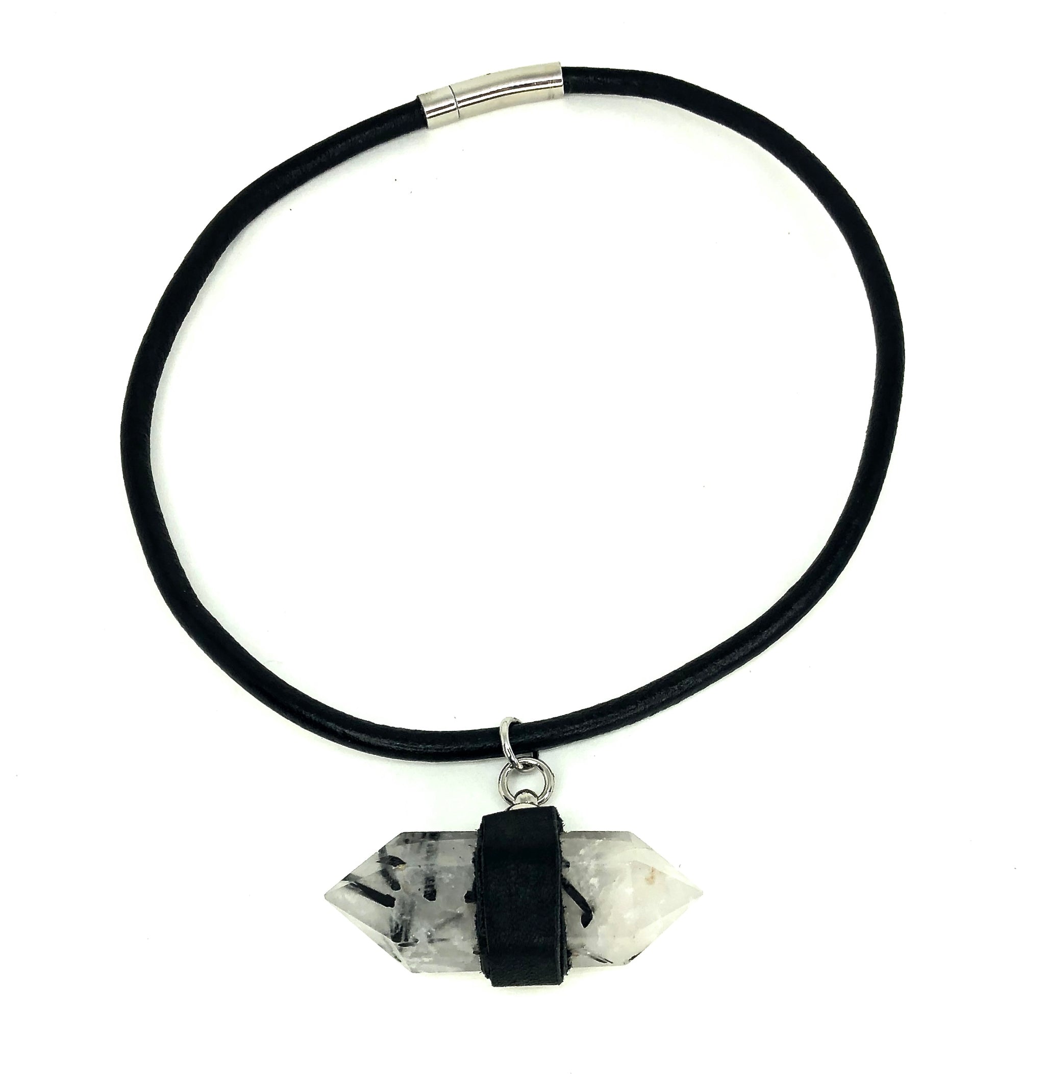 5 MM ROUND LEATHER NECKLACE WITH TOURMALINATED QUARTZ STONE AND DEERSKIN LEATHER PENDANT. by nyet jewelry.