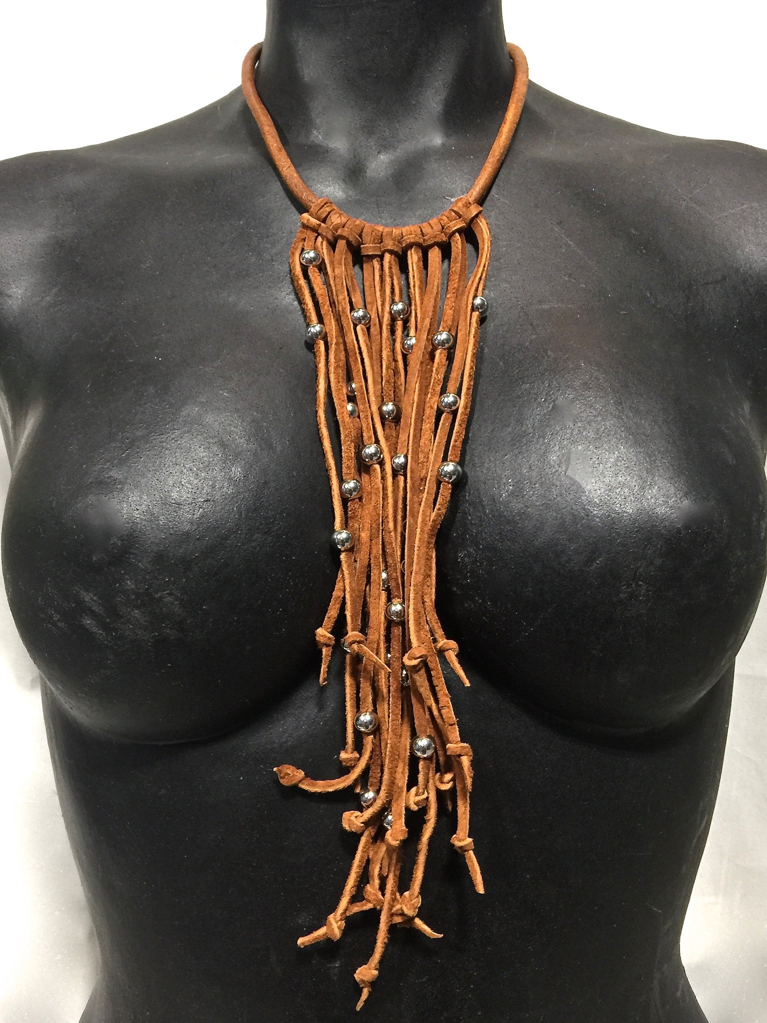 Pinball leather and suede choker necklace Rust by nyet jewelry.