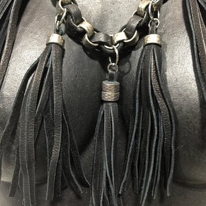 HAMMERED STEEL CHAIN AND DEERSKIN LEATHER WITH TASSELS by nyet jewelry.