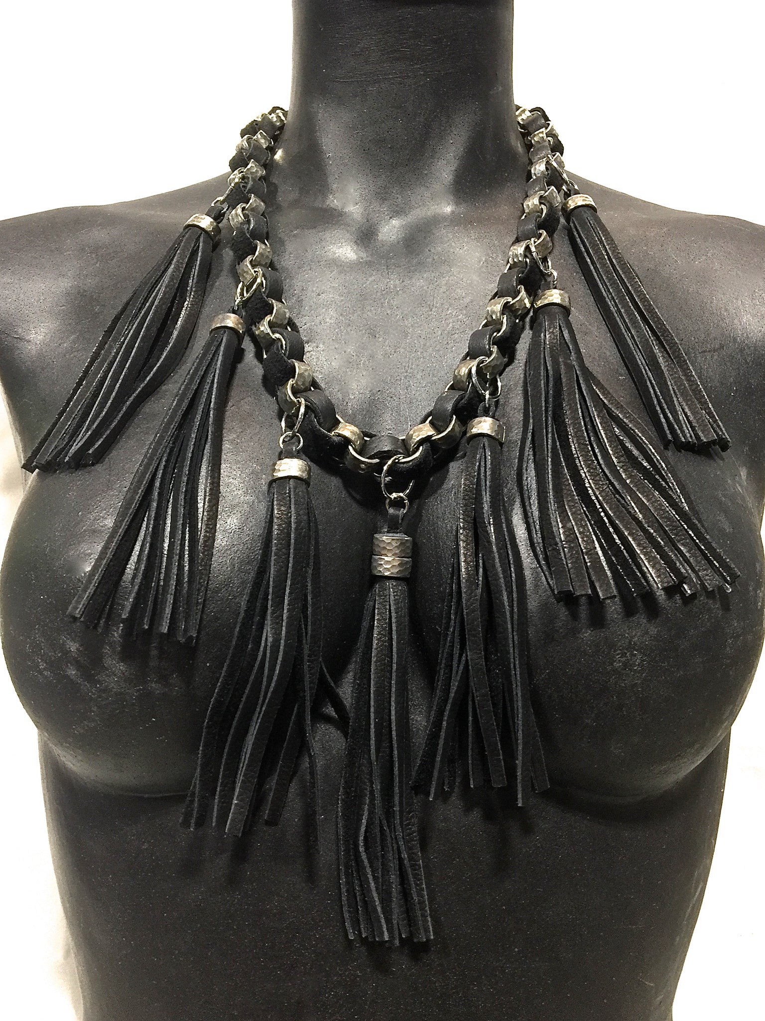 HAMMERED STEEL CHAIN AND DEERSKIN LEATHER WITH TASSELS by nyet jewelry.