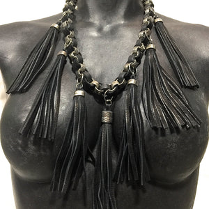 HAMMERED STEEL CHAIN AND DEERSKIN LEATHER WITH TASSELS by nyet jewelry.