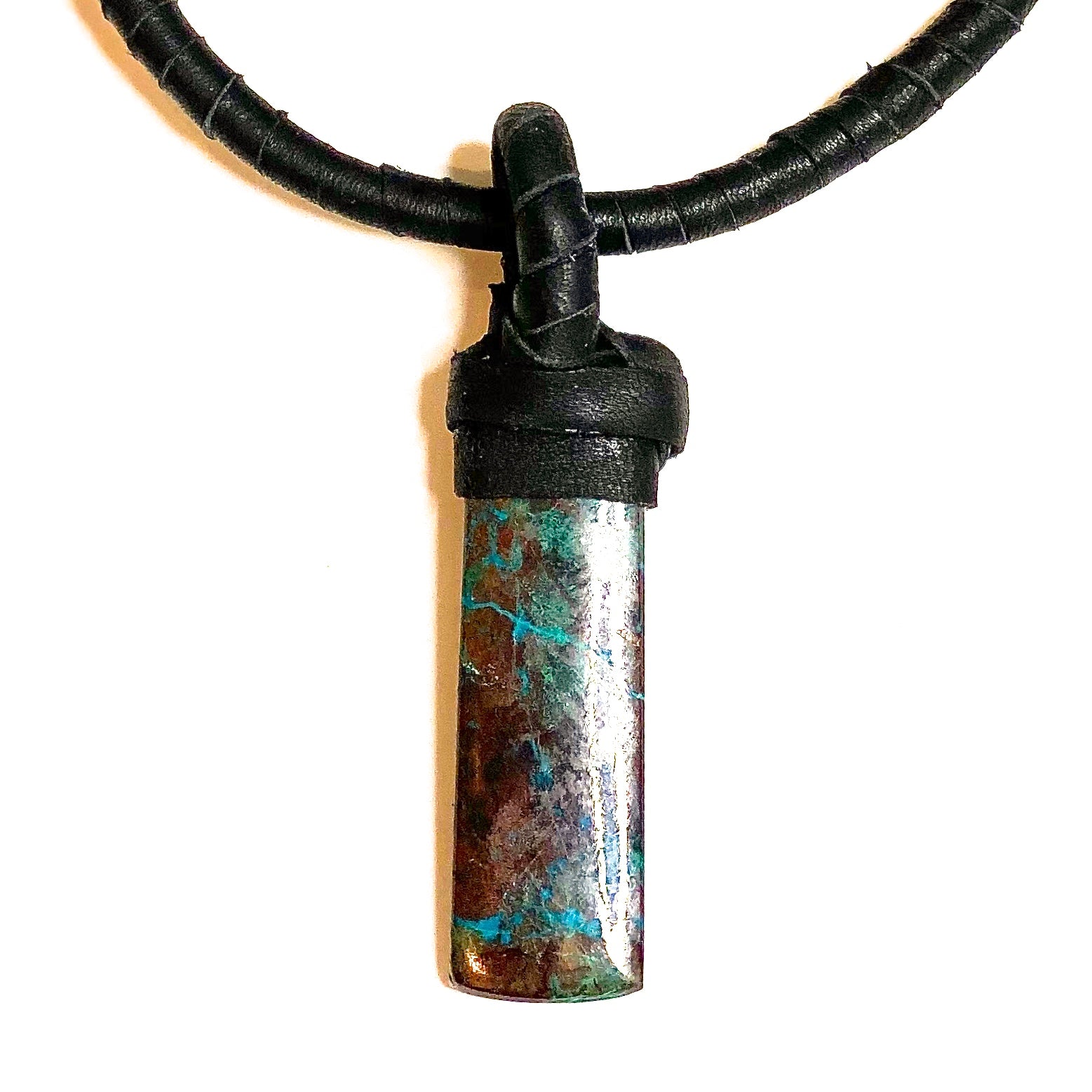 Deerskin necklace with Parrot Wing Chrysocolla stone by NYET Jewelry.