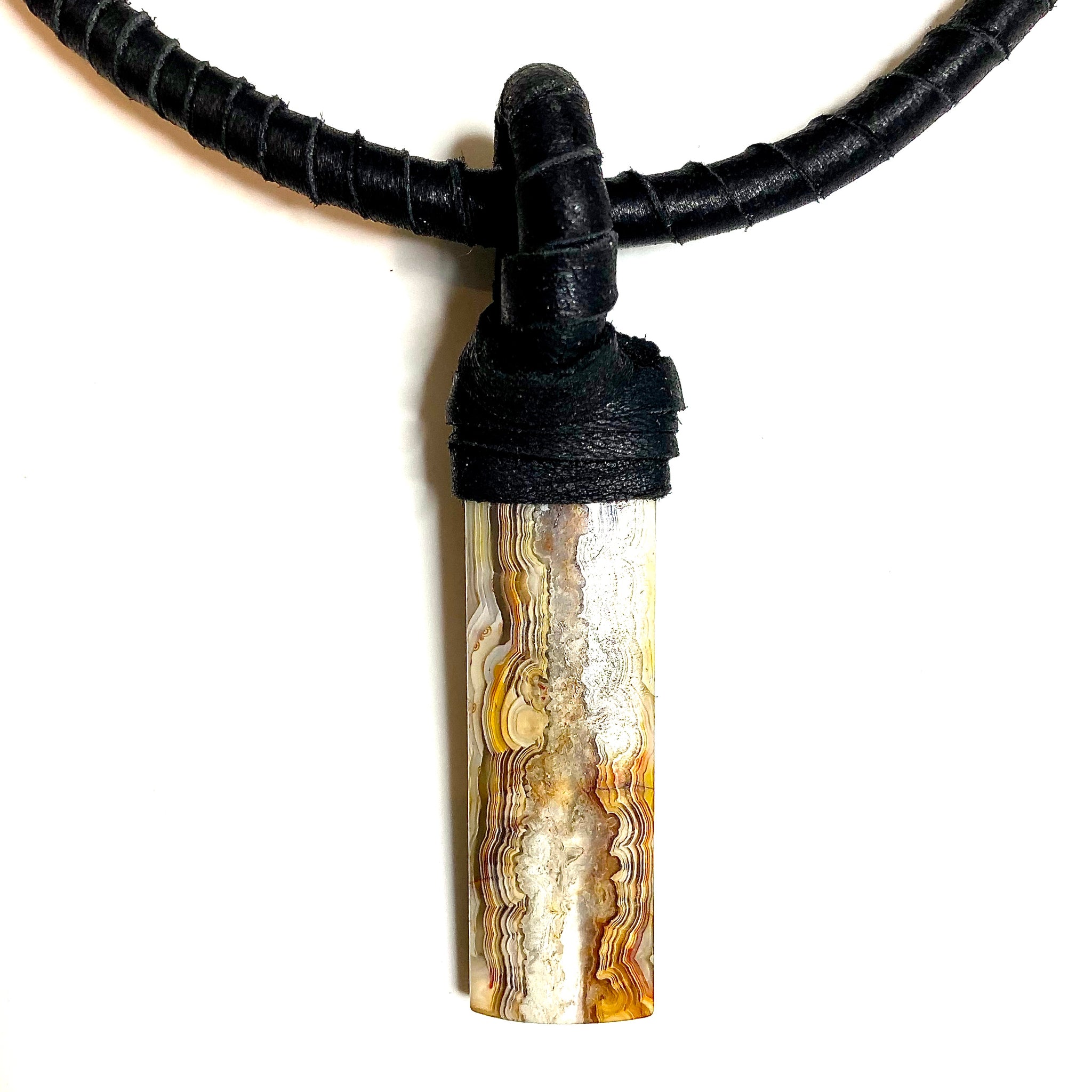 Deerskin necklace with Laguna Lace Agate stone by NYET Jewelry.
