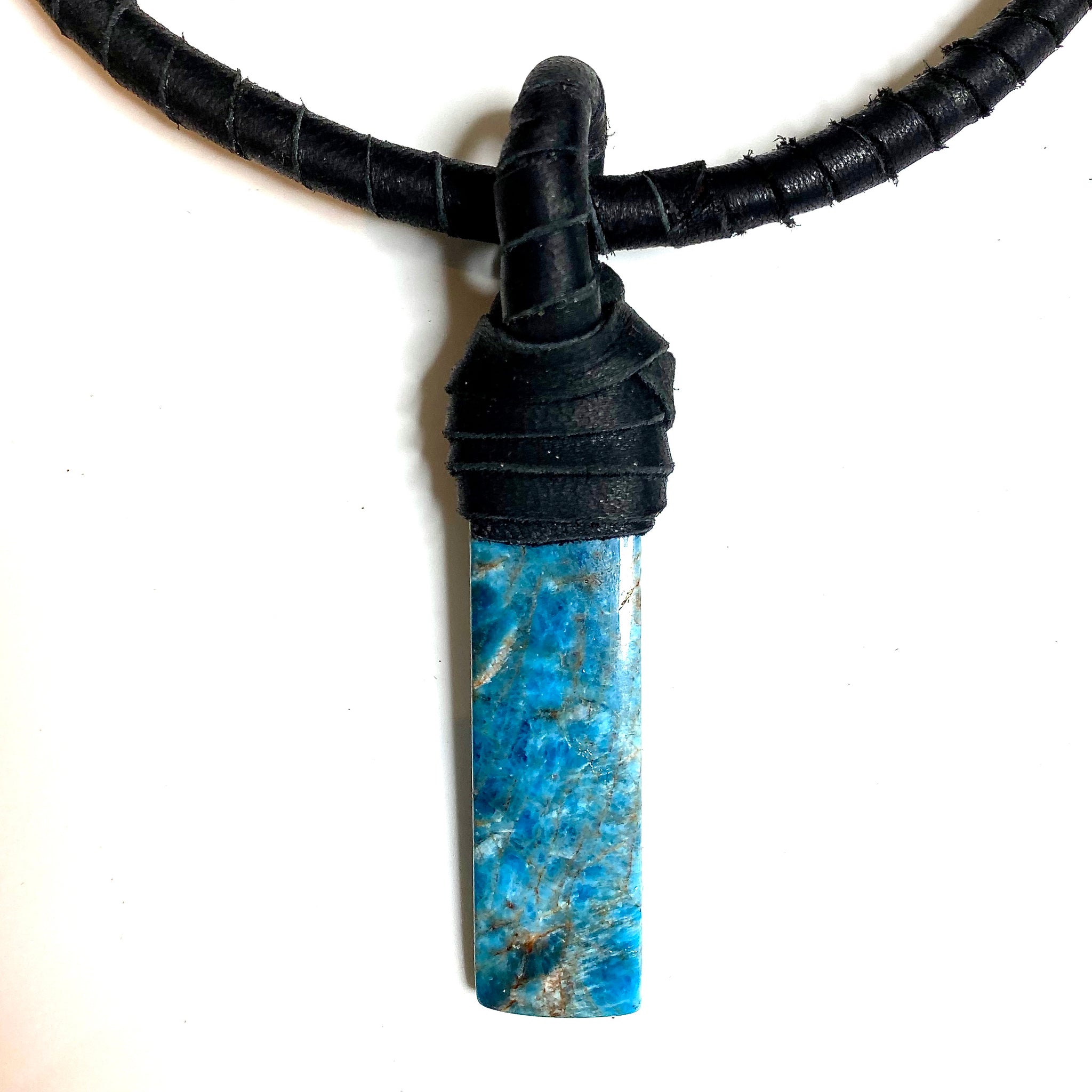 Deerskin necklace with Apatite A stone by NYET Jewelry.