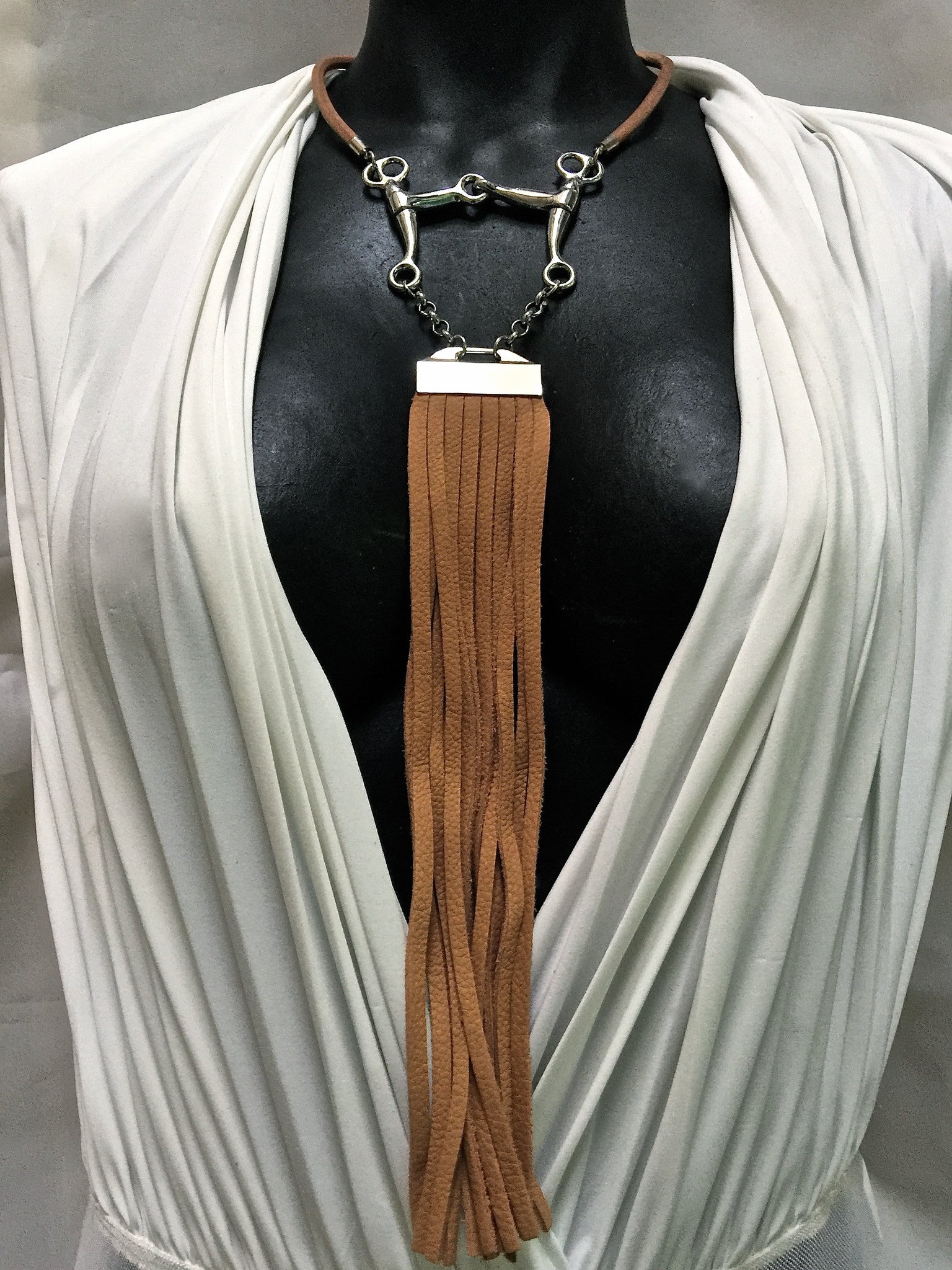 TAN LEATHER CHOKER NECKLACE WITH PELHAM HORSE BIT PENDANT AND LONG DEERSKIN LEATHER FRINGE by nyet jewelry.