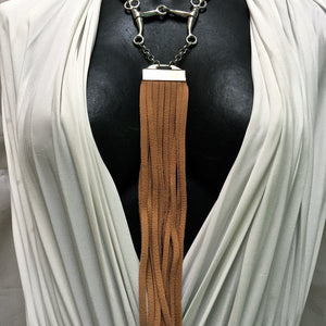 TAN LEATHER CHOKER NECKLACE WITH PELHAM HORSE BIT PENDANT AND LONG DEERSKIN LEATHER FRINGE by nyet jewelry.