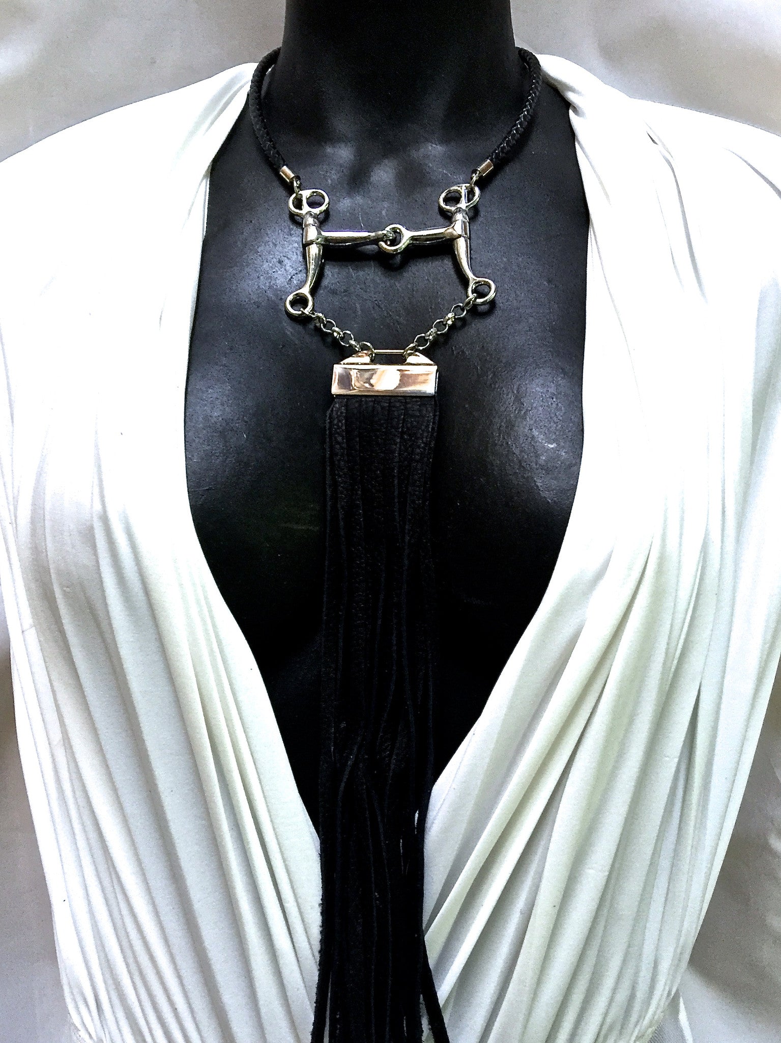 BRAIDED LEATHER CHOKER NECKLACE WITH PELHAM HORSE BIT PENDANT AND LONG DEERSKIN LEATHER FRINGE