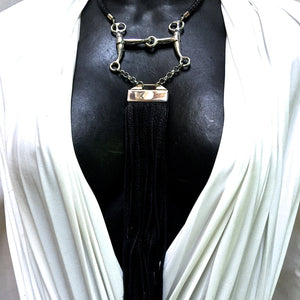 BRAIDED LEATHER CHOKER NECKLACE WITH PELHAM HORSE BIT PENDANT AND LONG DEERSKIN LEATHER FRINGE