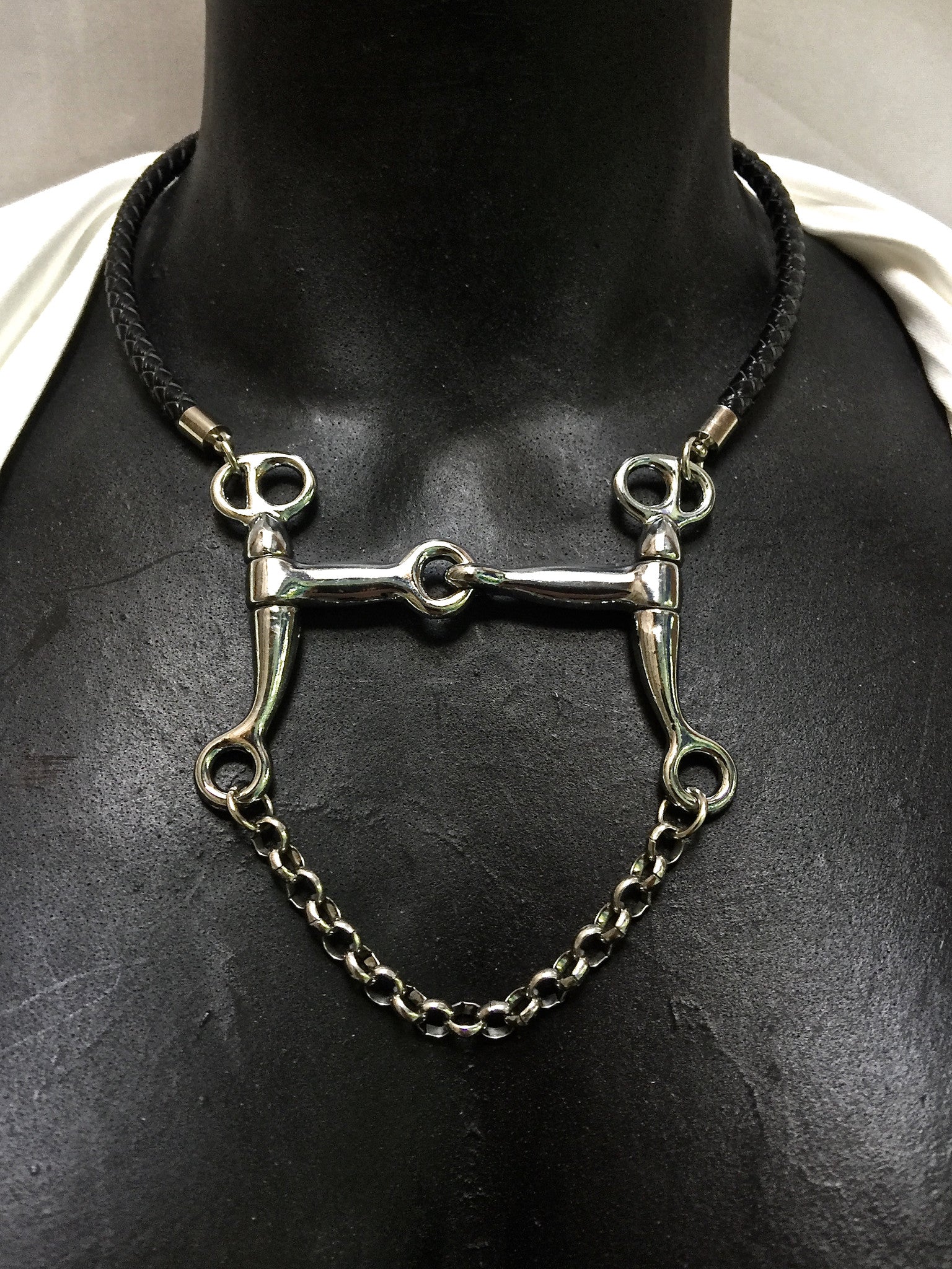 5 MM ROUND BRAIDED LEATHER NECKLACE WITH PELHAM HORSE BIT PENDANT AND CHAIN CLOSE UP