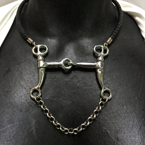 5 MM ROUND BRAIDED LEATHER NECKLACE WITH PELHAM HORSE BIT PENDANT AND CHAIN CLOSE UP