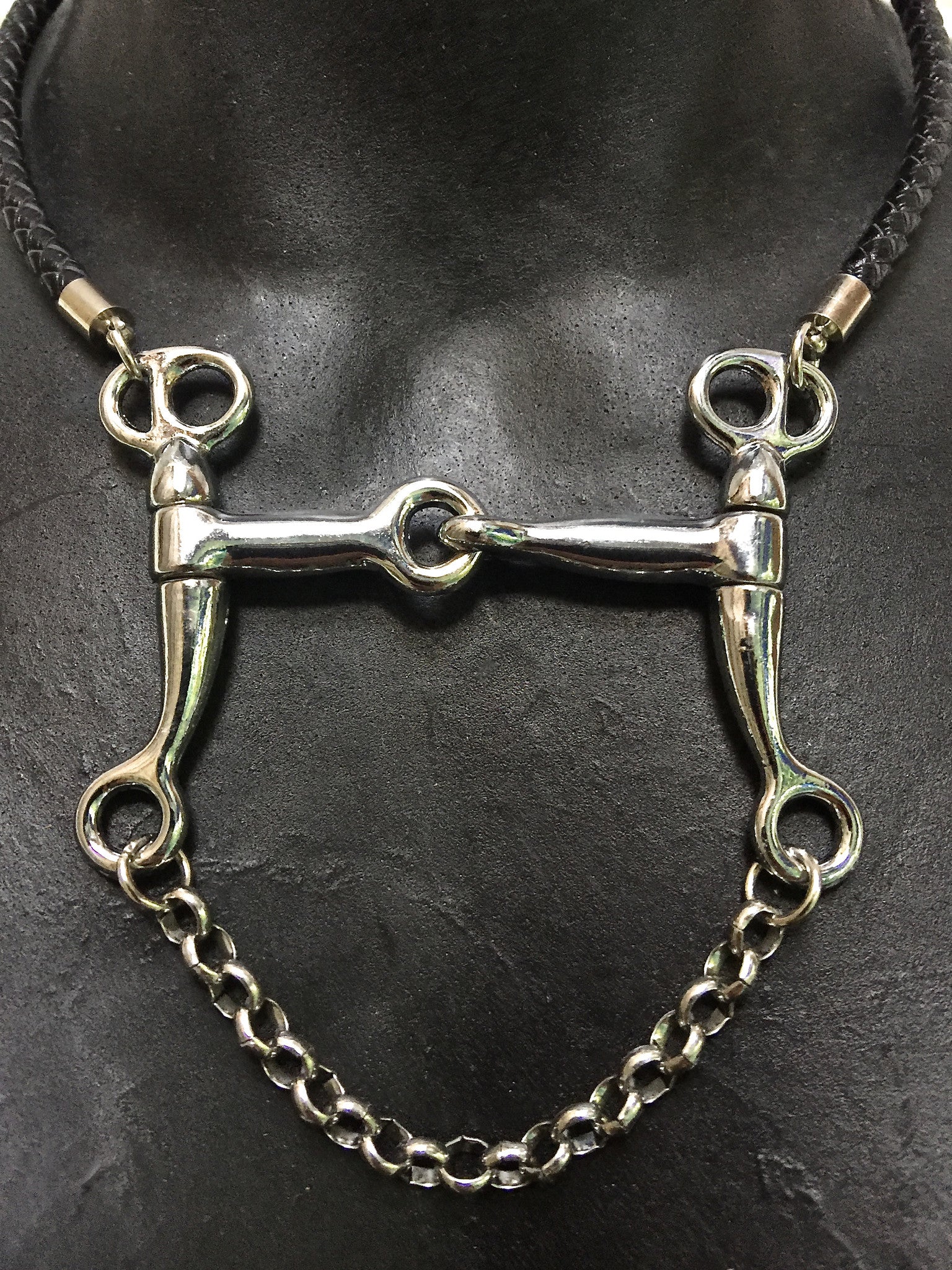 5 MM ROUND BRAIDED LEATHER NECKLACE WITH PELHAM HORSE BIT PENDANT AND CHAIN CLOSE UP