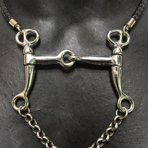 5 MM ROUND BRAIDED LEATHER NECKLACE WITH PELHAM HORSE BIT PENDANT AND CHAIN CLOSE UP