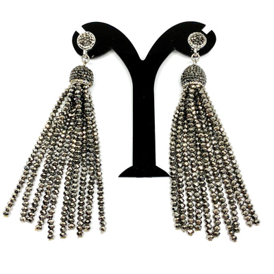 DROP PENDENT EARRINGS WITH LONG CRYSTAL TASSELS AND AUSTRIAN CRYSTALS THROUGHOUT by nyet jewelry.