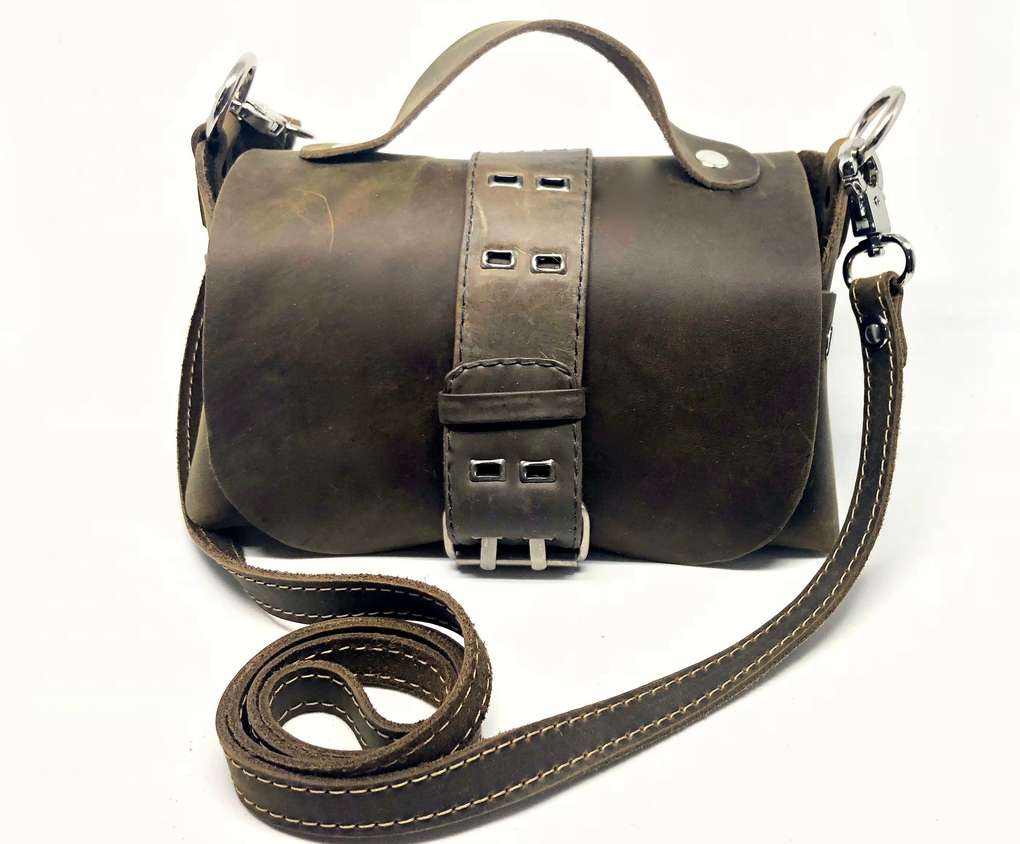 Belted Distressed utility leather lunch box bag by Nyet Jewelry