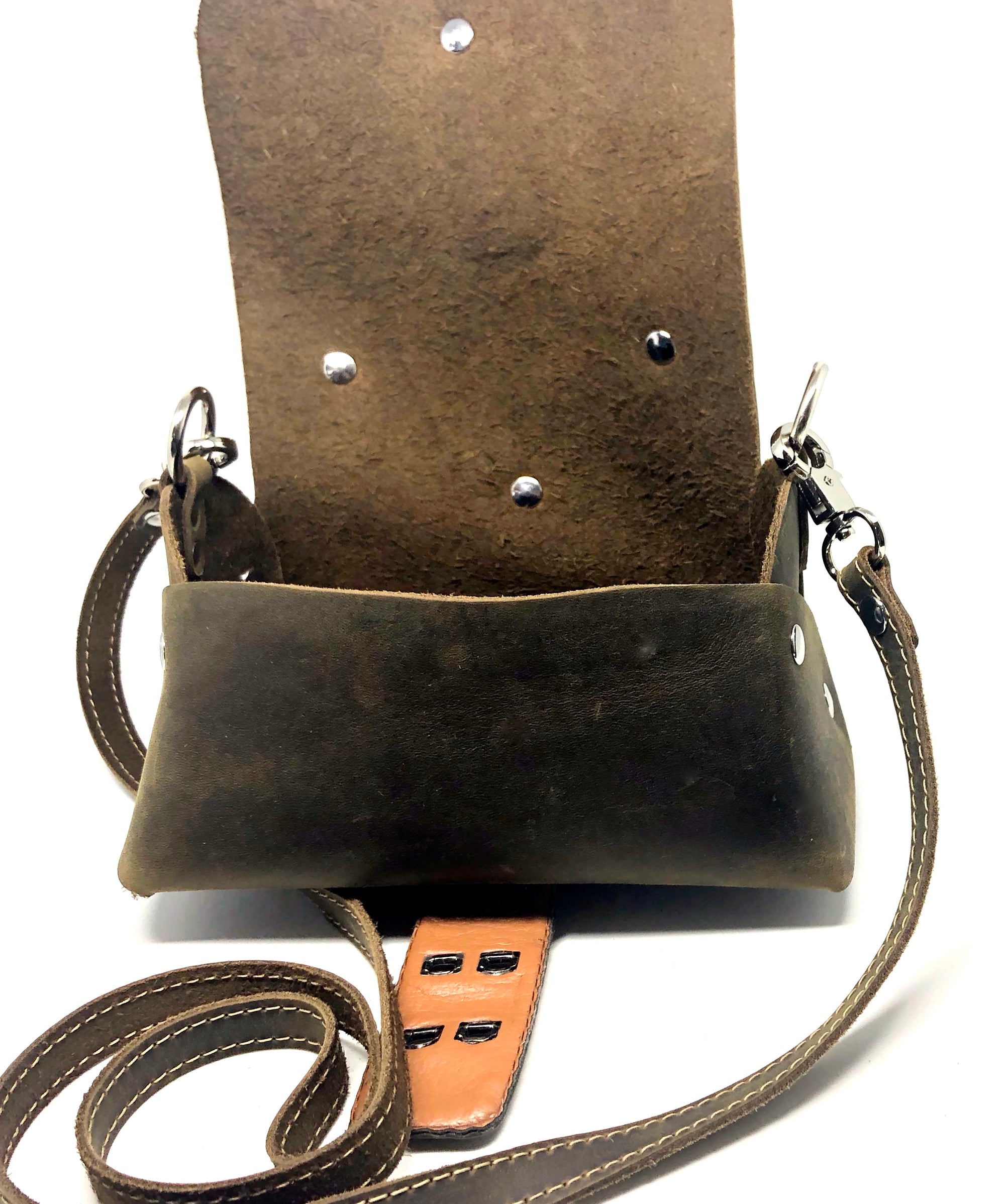 Belted Distressed utility leather lunch box bag by Nyet Jewelry