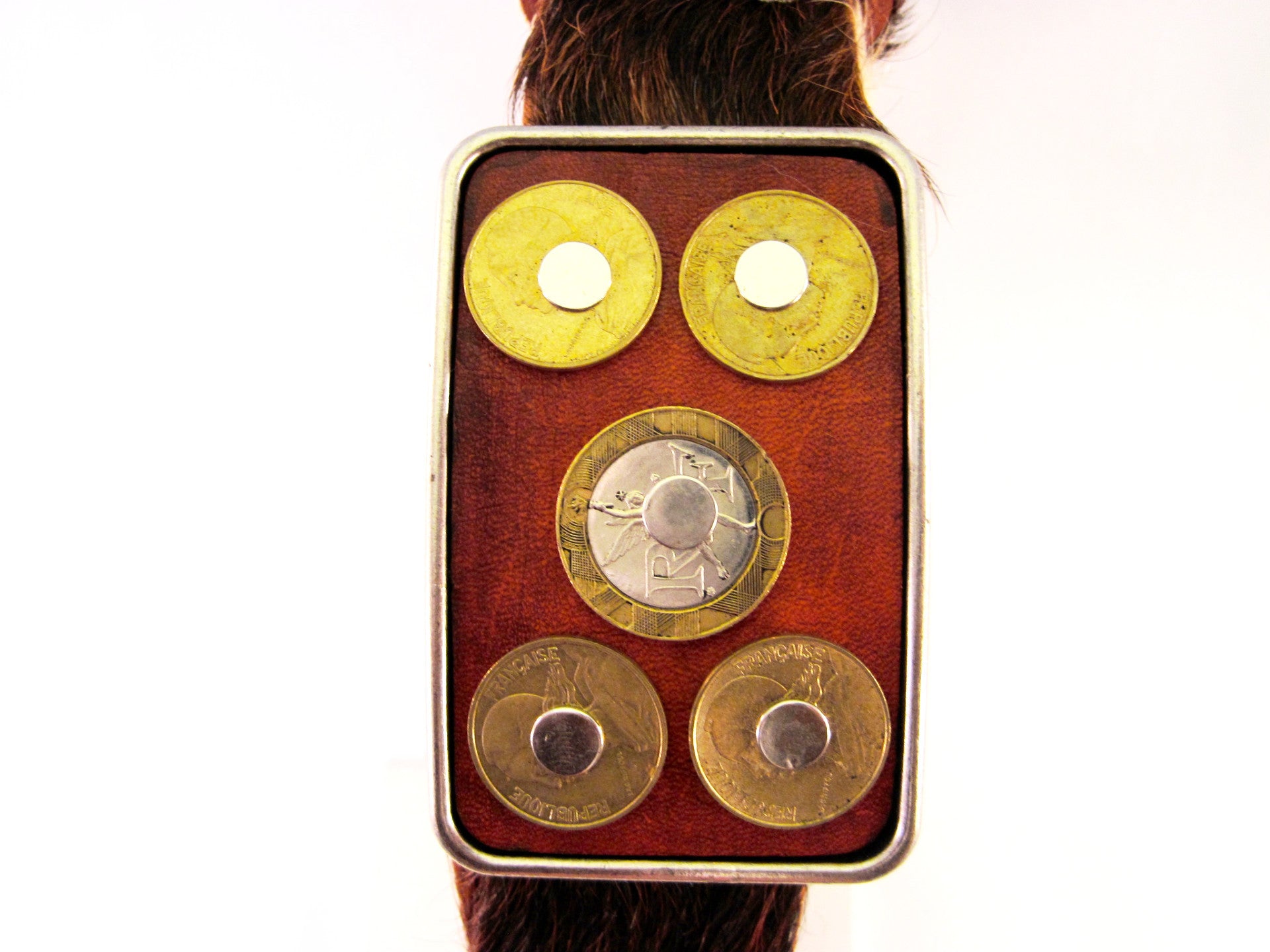 HAIR-ON COWHIDE BELT WITH STUDDED FRENCH FRANC COINS ON THE BUCKLE by NYET Jewelry.