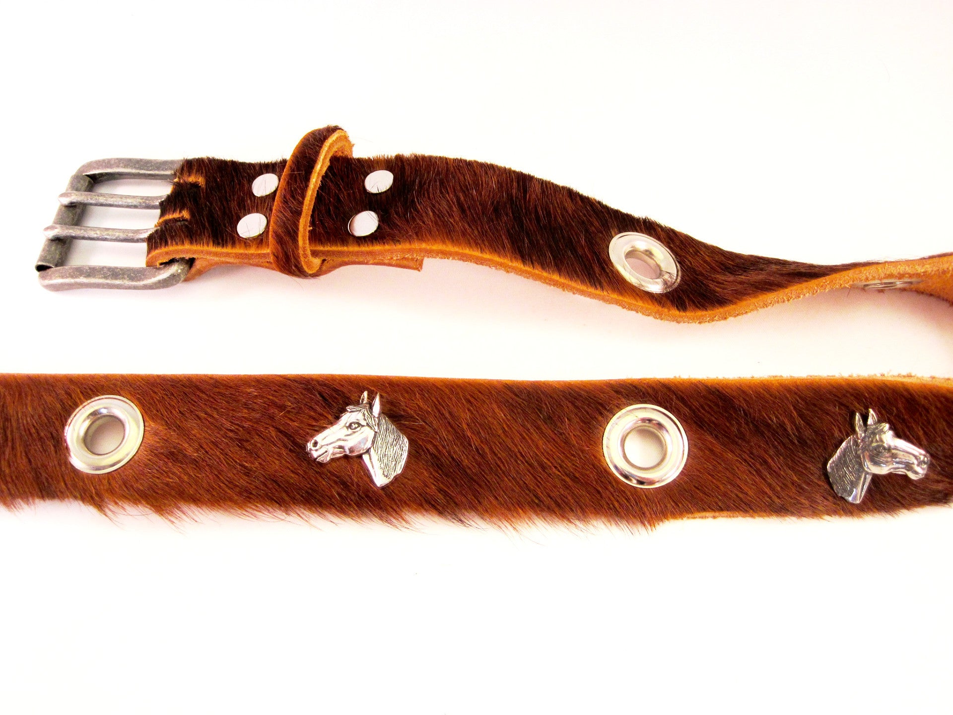 Horse head equestrian hair on cowhide belt by NYET Jewelry.