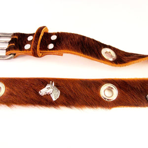 Horse head equestrian hair on cowhide belt by NYET Jewelry.