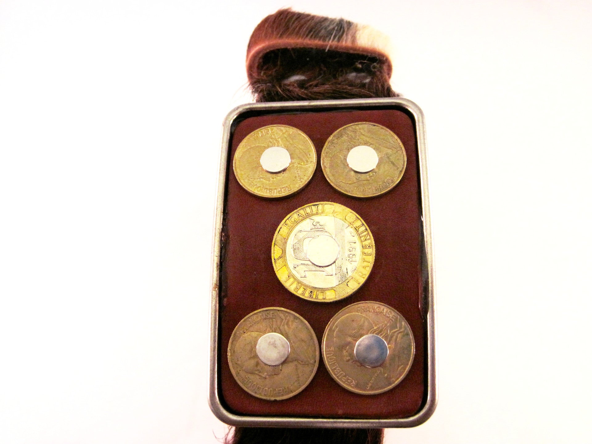 HAIR-ON COWHIDE BELT WITH STUDDED FRENCH FRANC COINS ON THE BUCKLE by NYET Jewelry.