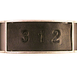 LEATHER WRAPAROUND WITH METAL LINK INLAID WITH MATCHING PIECE OF LEATHER WITH CUSTOM ENGRAVING by nyet jewelry