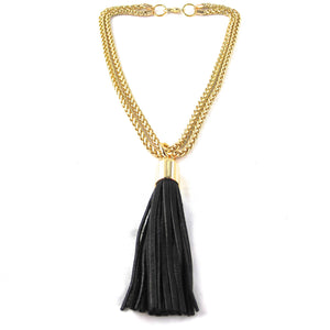 STAINLESS STEEL CHAINS AND LARGE DEERSKIN LEATHER TASSEL NECKLACE  by nyet jewelry.