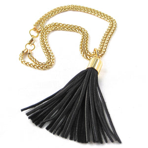 STAINLESS STEEL CHAINS AND LARGE DEERSKIN LEATHER TASSEL NECKLACE  by nyet jewelry.