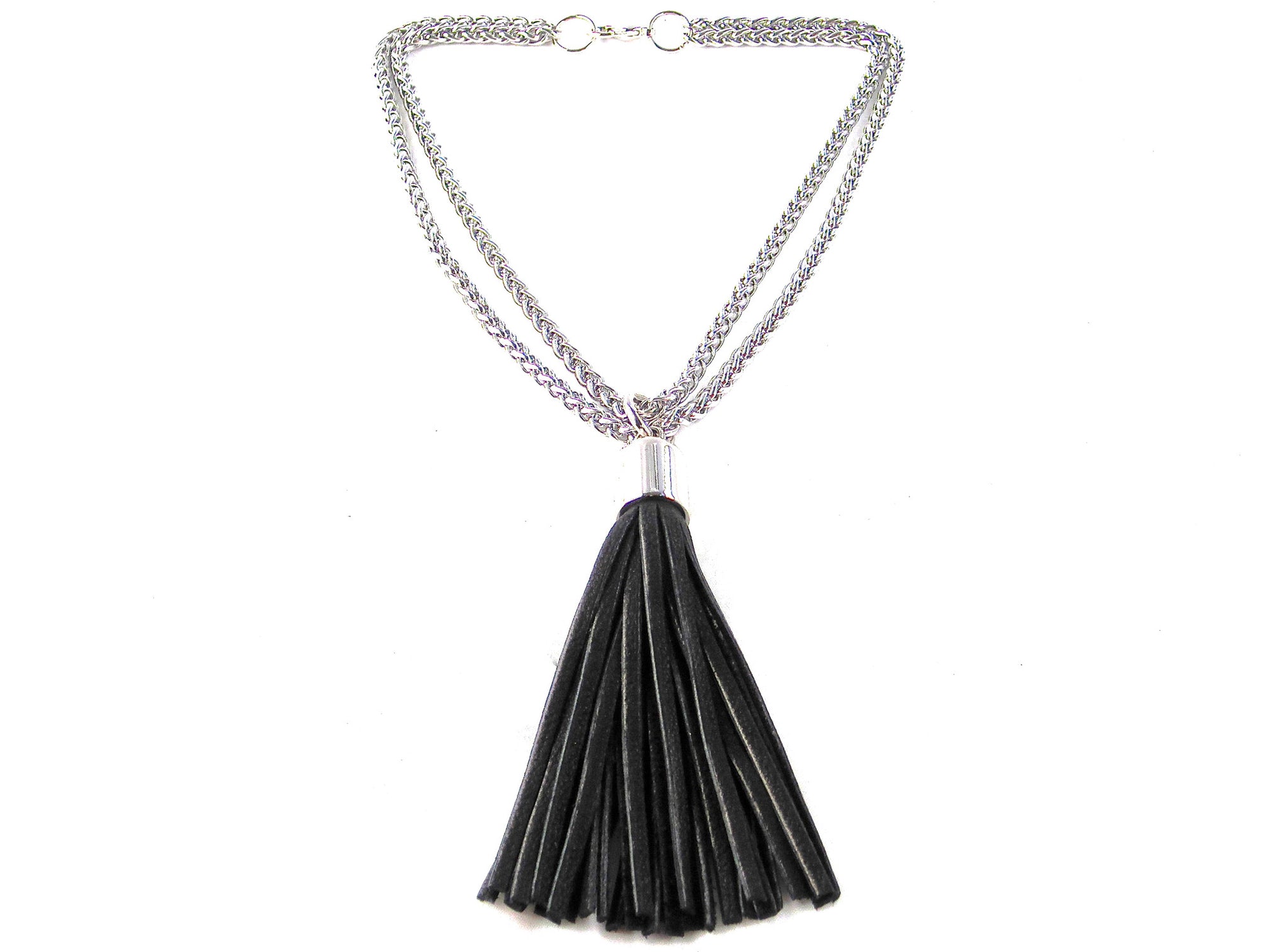 STAINLESS STEEL CHAINS AND LARGE DEERSKIN LEATHER TASSEL NECKLACE  by nyet jewelry.