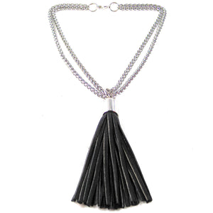 STAINLESS STEEL CHAINS AND LARGE DEERSKIN LEATHER TASSEL NECKLACE  by nyet jewelry.