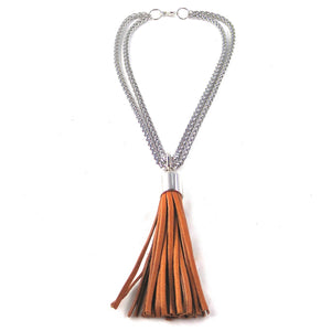 STAINLESS STEEL CHAINS AND LARGE DEERSKIN LEATHER TASSEL NECKLACE by nyet jewelry