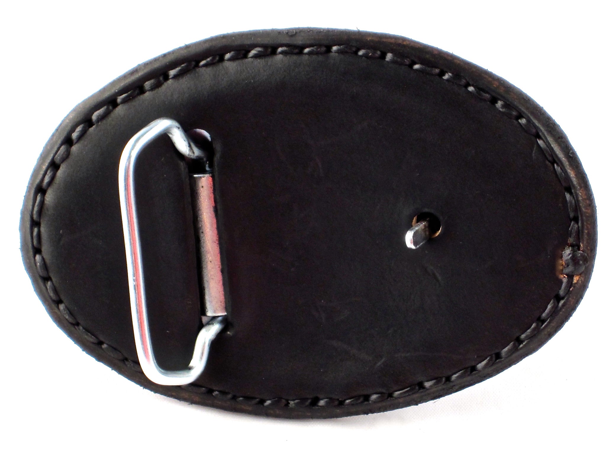 HAND-STITCHED LEATHER BUCKLE ADORNED WITH A STAPLE PLATE  by NYET Jewelry.