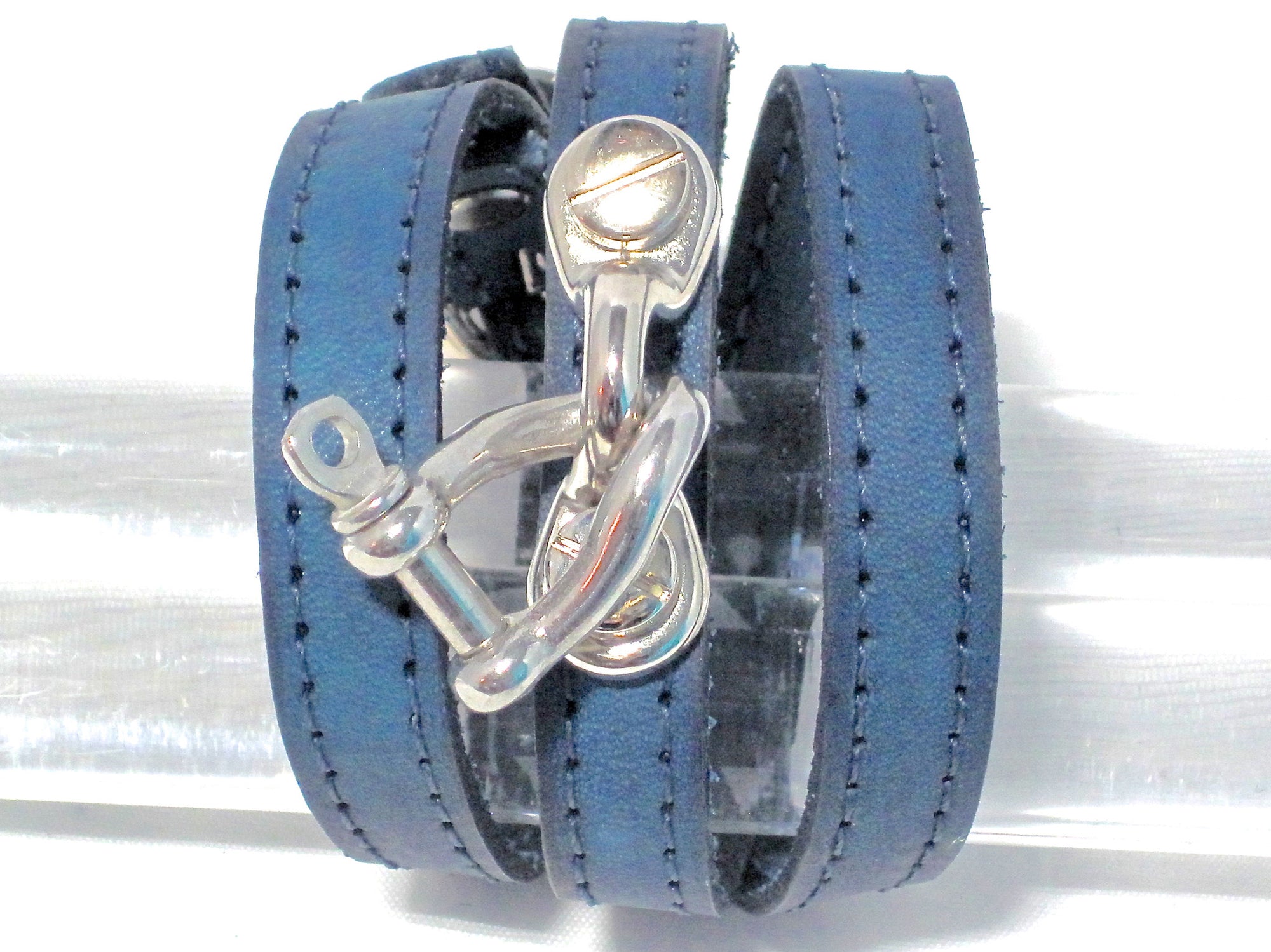 TRIPLE WRAPAROUND LEATHER BRACELET WITH COACHMAN LOOP AND TWISTED ANCHOR SHACKLE  by nyet jewelry.