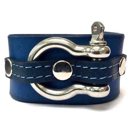 leather cuff with anchor shackle Ultramarine blue by nyet jewelry.
