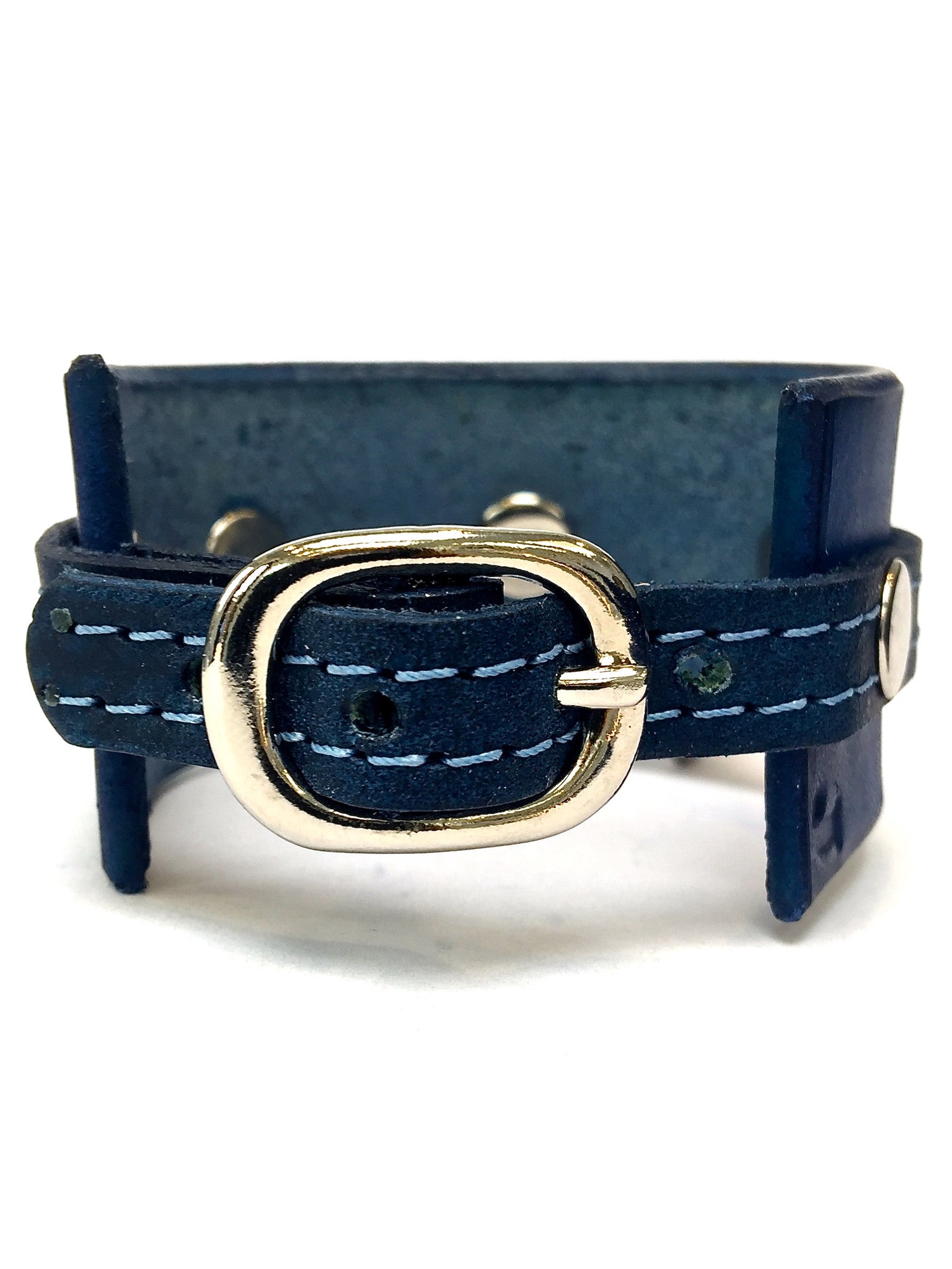 leather cuff with anchor shackle Ultramarine blue by nyet jewelry.