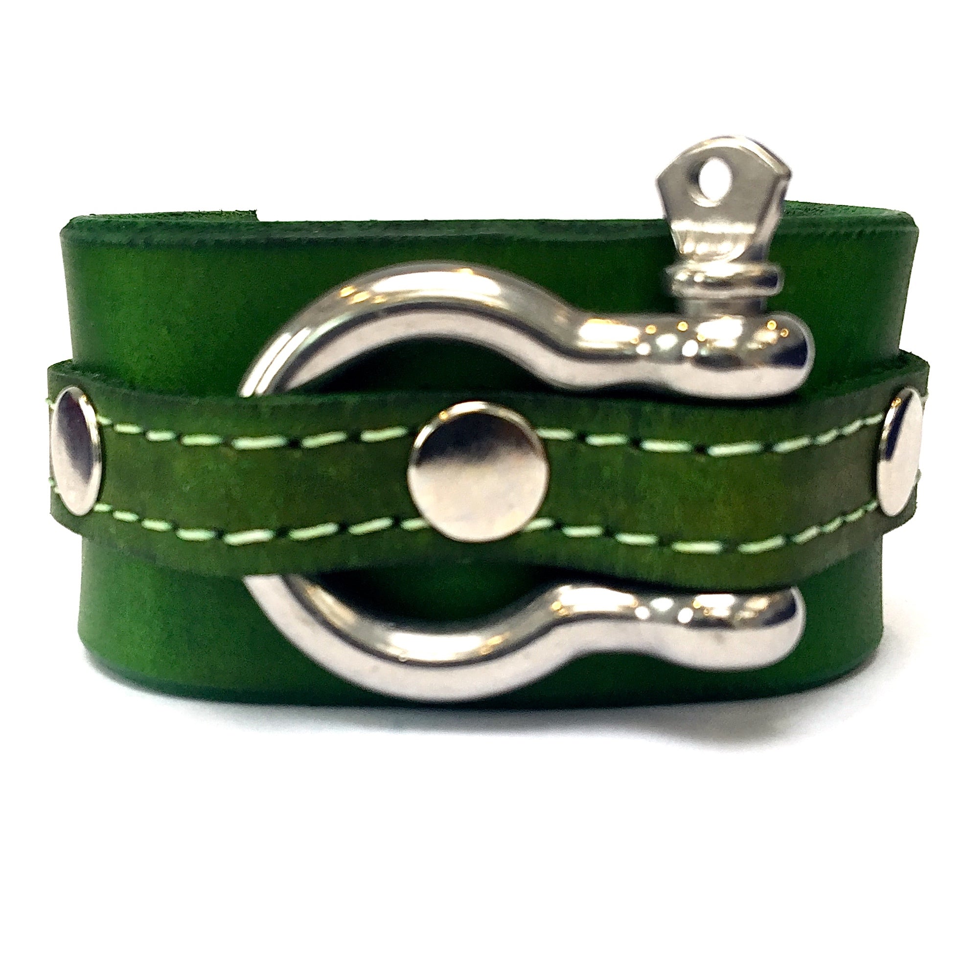 leather cuff with anchor shackle forest green by nyet jewelry.