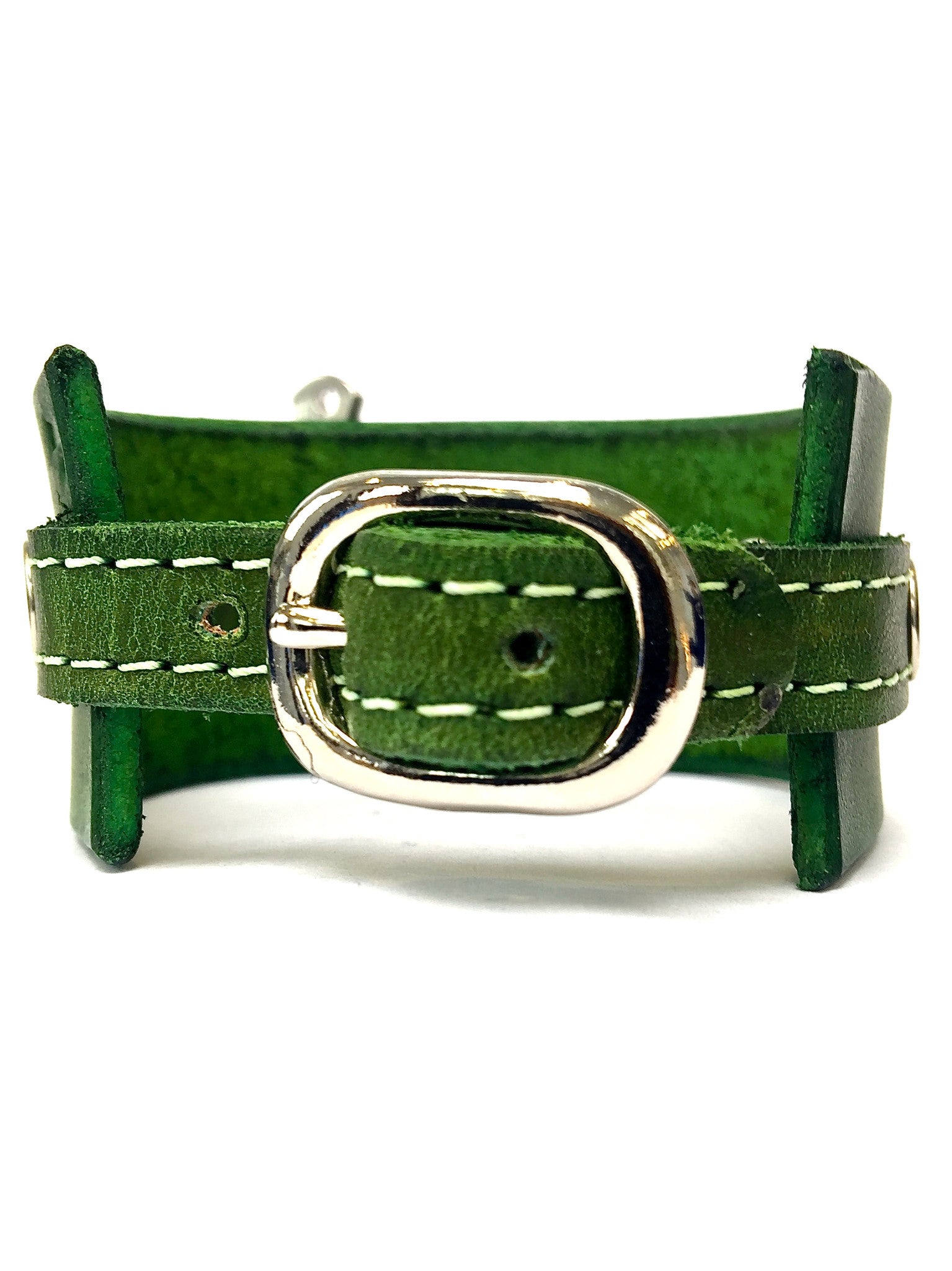 leather cuff with anchor shackle forest green by nyet jewelry.
