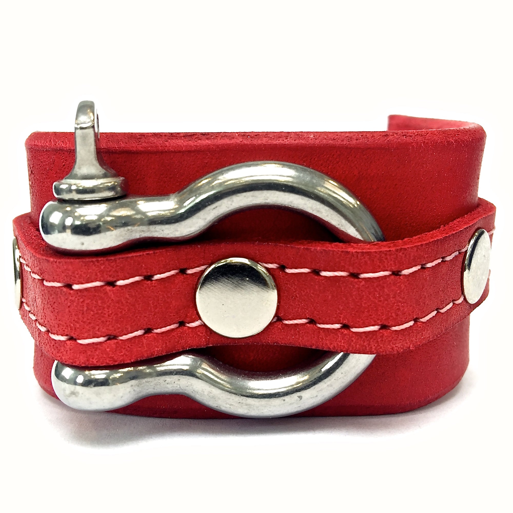 leather cuff with anchor shackle red by nyet jewelry.