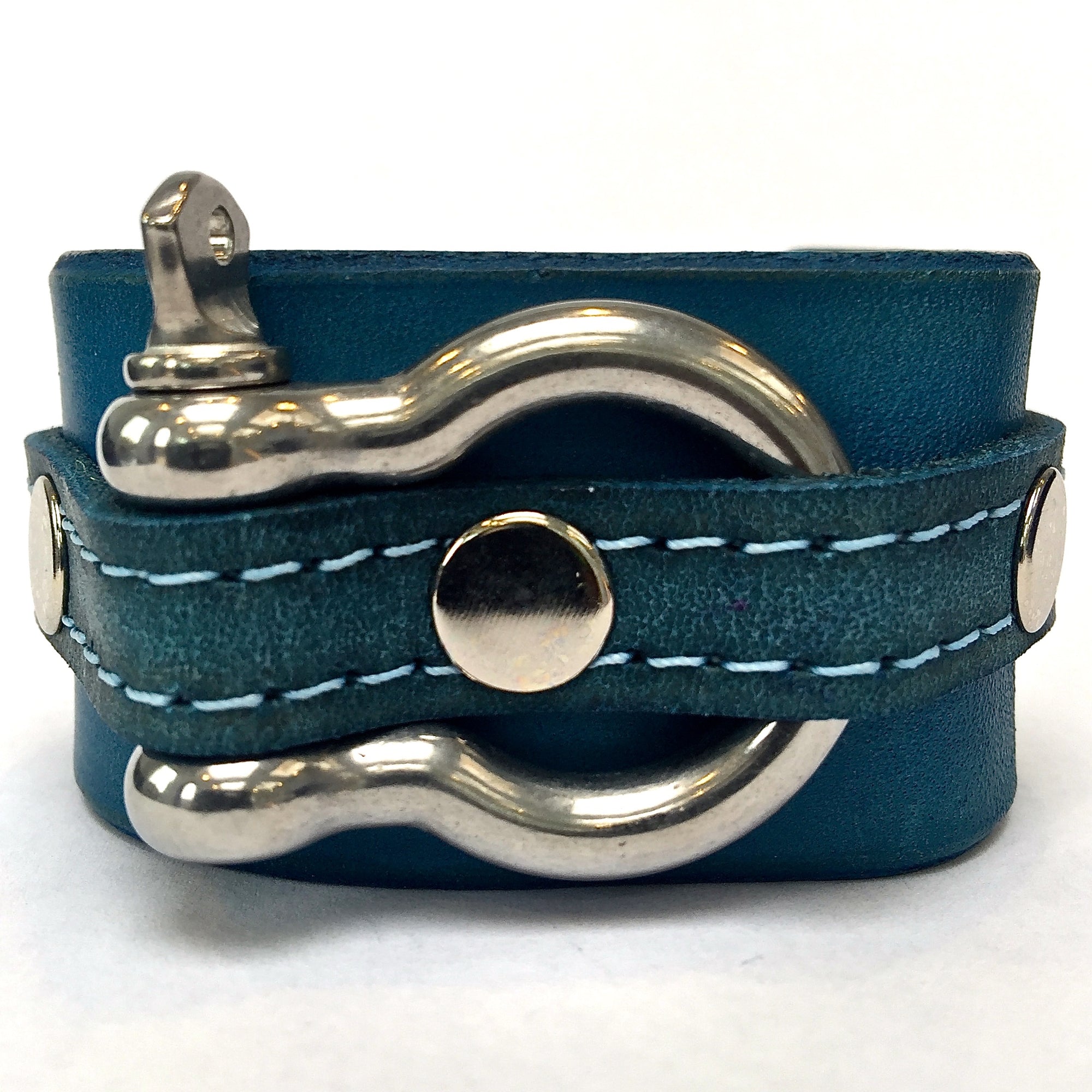 leather cuff with anchor shackle Dark Turquoise by nyet jewelry.