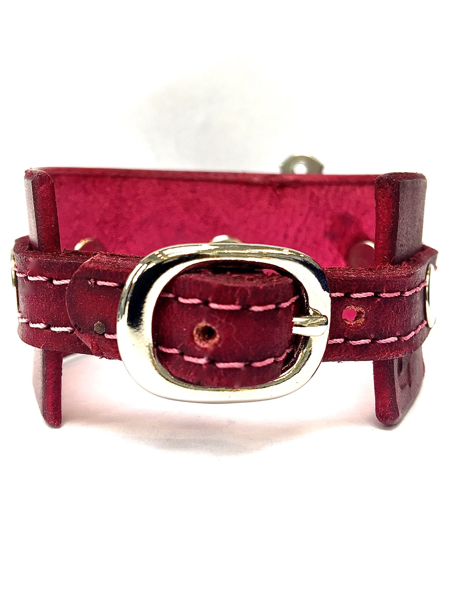 leather cuff with anchor shackle Raspberry by nyet jewelry.