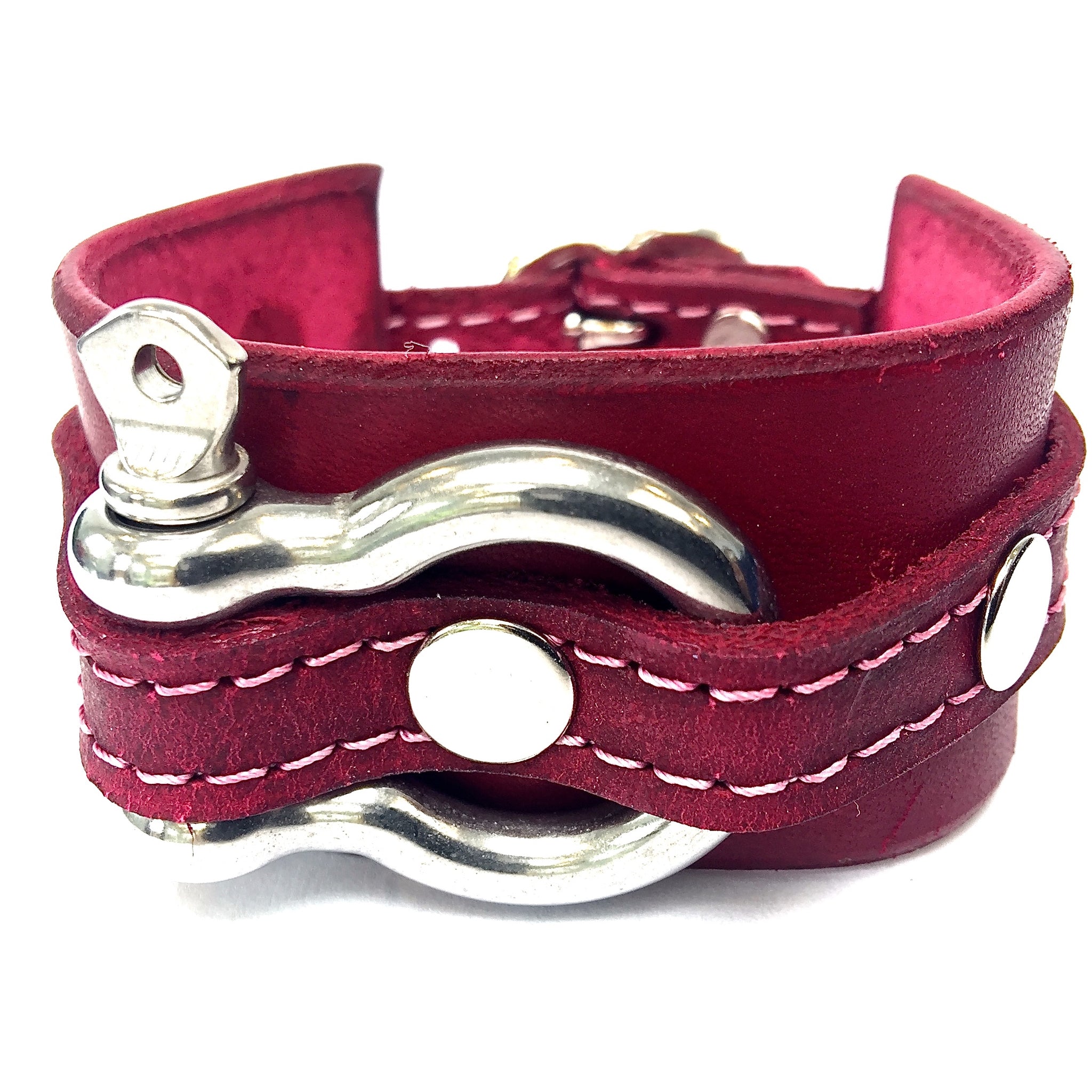 leather cuff with anchor shackle Raspberry by nyet jewelry.