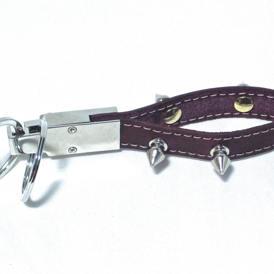 Leather and spike rivets two-ring spring-loaded key chain - Nyet Jewelry