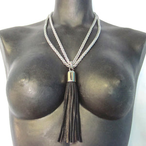 STAINLESS STEEL CHAINS AND LARGE DEERSKIN LEATHER TASSEL NECKLACE  by nyet jewelry.