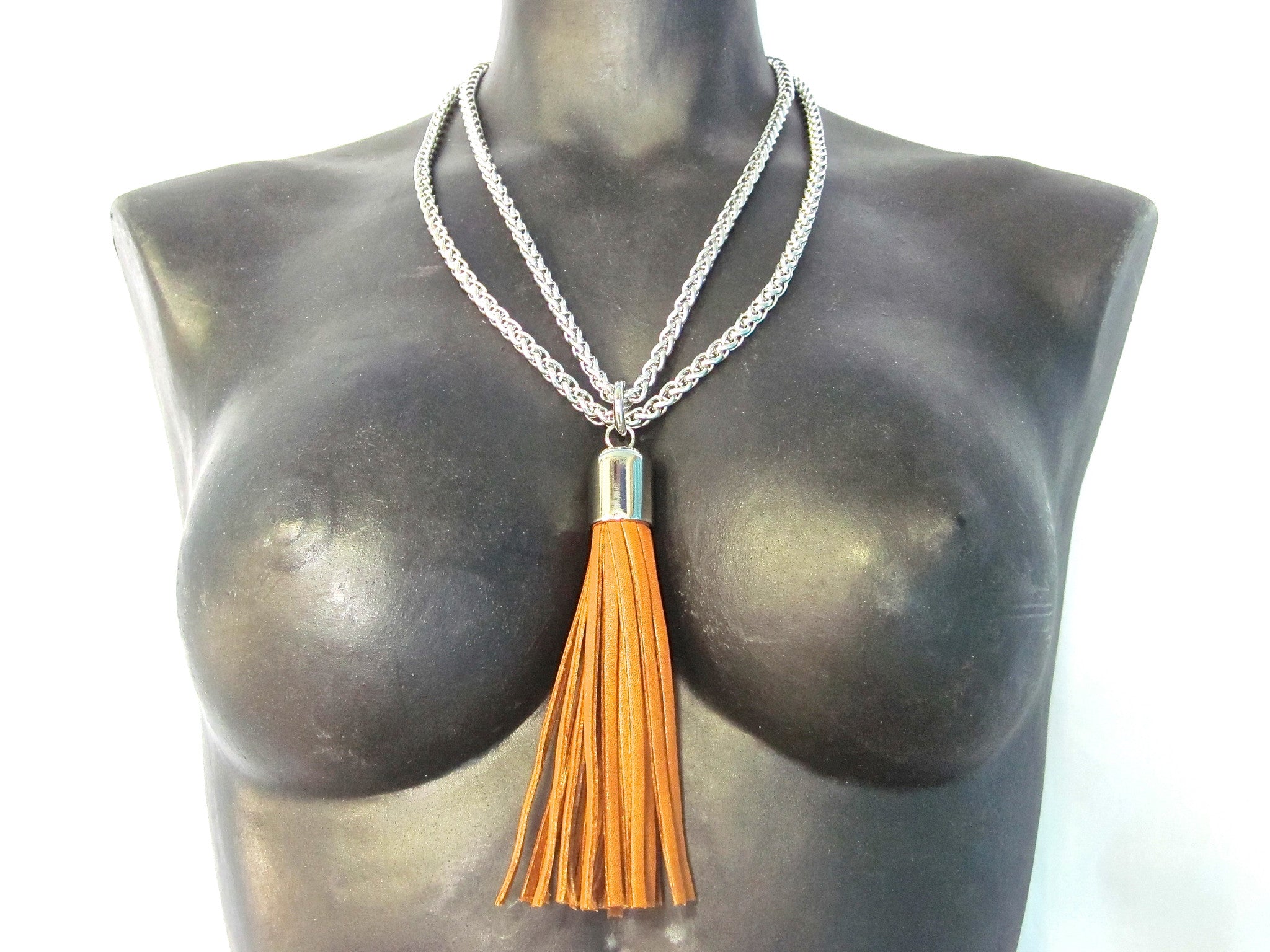 STAINLESS STEEL CHAINS AND LARGE DEERSKIN LEATHER TASSEL NECKLACE by nyet jewelry