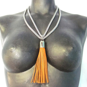 STAINLESS STEEL CHAINS AND LARGE DEERSKIN LEATHER TASSEL NECKLACE by nyet jewelry