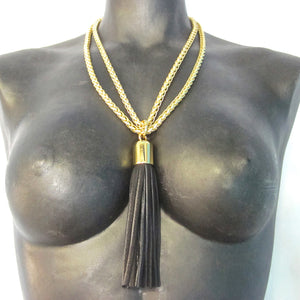 STAINLESS STEEL CHAINS AND LARGE DEERSKIN LEATHER TASSEL NECKLACE  by nyet jewelry.